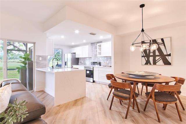 kitchen with appliances with stainless steel finishes, sink, white cabinets, backsplash, and kitchen peninsula