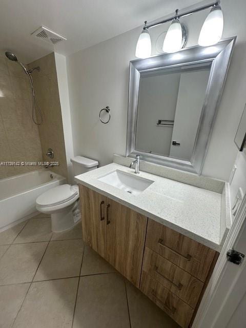 full bath featuring tile patterned flooring, toilet, vanity, visible vents, and shower / washtub combination