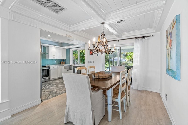 dining area with beam ceiling, crown molding, a wealth of natural light, and coffered ceiling