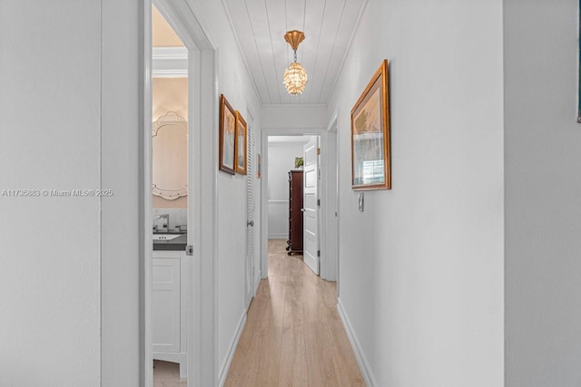 hall with crown molding and light wood-type flooring