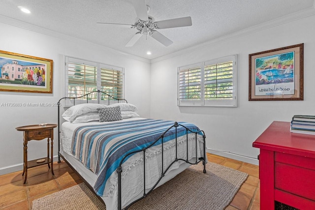 bedroom featuring crown molding, multiple windows, and a textured ceiling