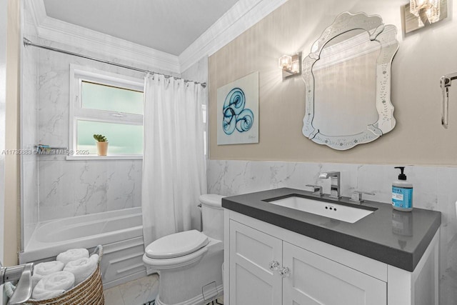 full bathroom featuring toilet, shower / tub combo, tile walls, ornamental molding, and vanity