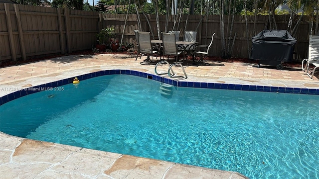 view of swimming pool featuring grilling area, fence, a fenced in pool, and a patio