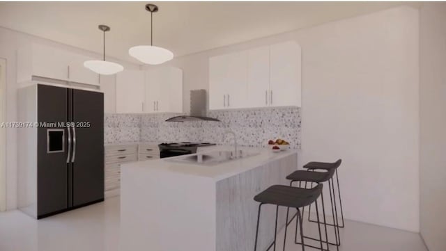 kitchen with white cabinetry, range, black refrigerator with ice dispenser, hanging light fixtures, and kitchen peninsula