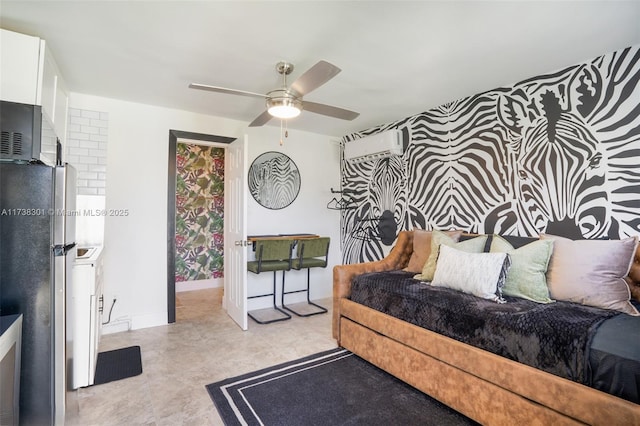 living room featuring ceiling fan and a wall mounted air conditioner