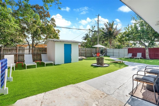 view of yard with a patio and a storage unit