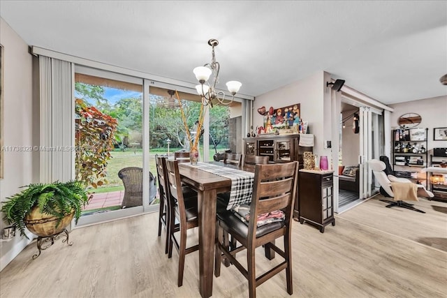 dining area with an inviting chandelier, a wall of windows, and light hardwood / wood-style flooring