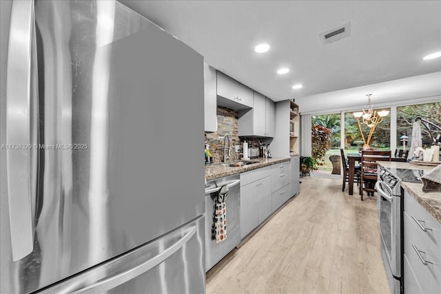 kitchen featuring sink, gray cabinetry, backsplash, stainless steel appliances, and light wood-type flooring