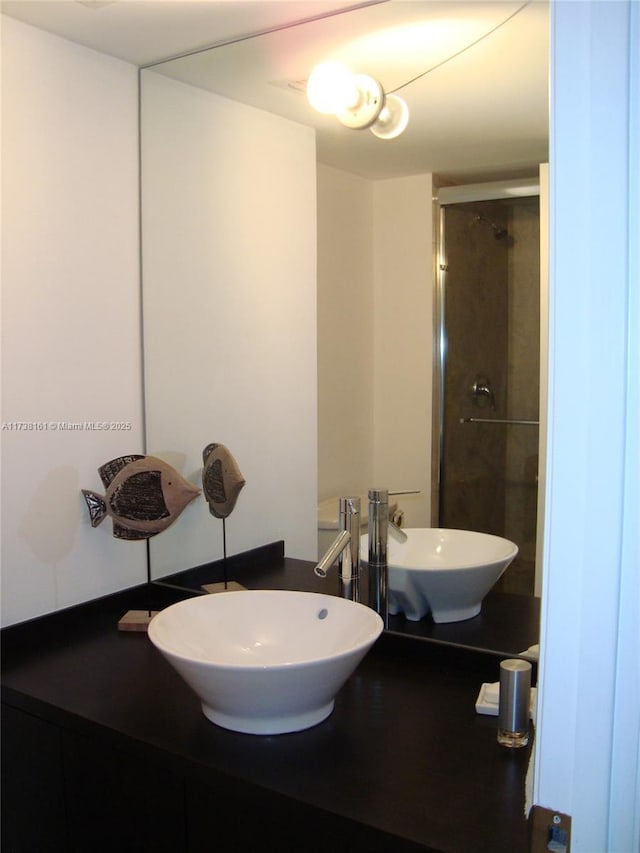 bathroom featuring vanity and a shower with door