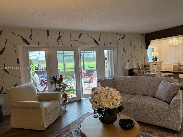 living room with plenty of natural light, dark hardwood / wood-style floors, and a textured ceiling