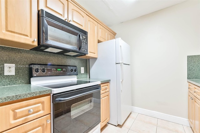 kitchen with light tile patterned floors, tasteful backsplash, electric range oven, light brown cabinetry, and black microwave