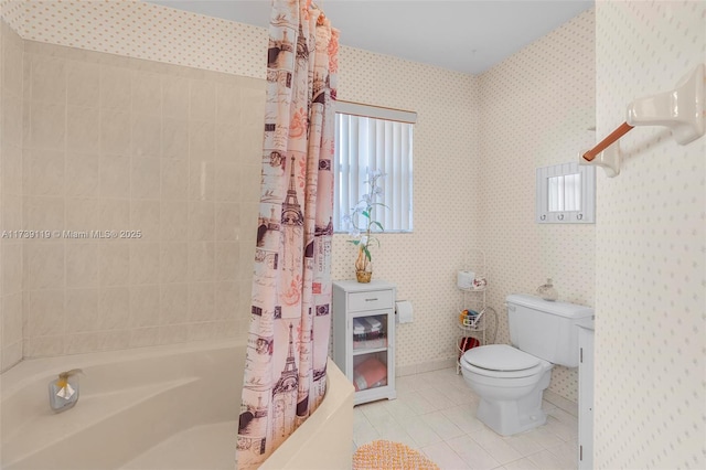 bathroom with tile patterned flooring, a healthy amount of sunlight, shower / bath combination with curtain, and toilet