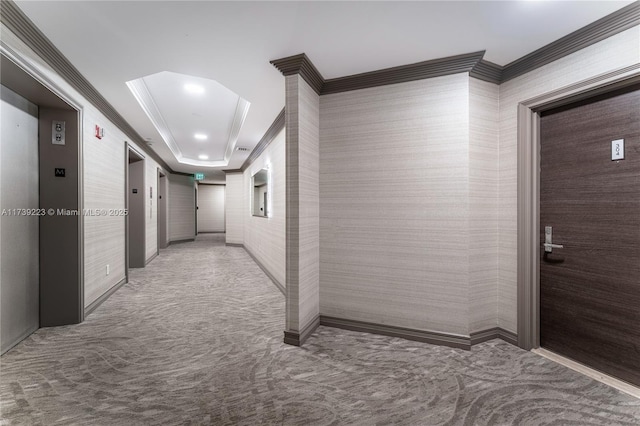 corridor with a tray ceiling, crown molding, light colored carpet, and elevator