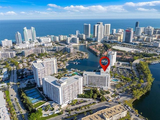 aerial view featuring a water view