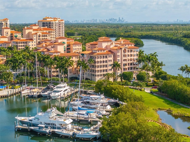 bird's eye view with a water view