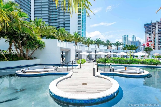 view of pool featuring a jacuzzi and a patio area