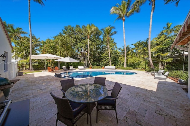 pool featuring outdoor dining space and a patio area