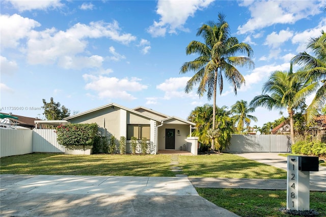 single story home featuring a front lawn