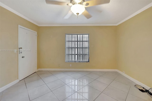 spare room with crown molding, ceiling fan, light tile patterned flooring, and a textured ceiling