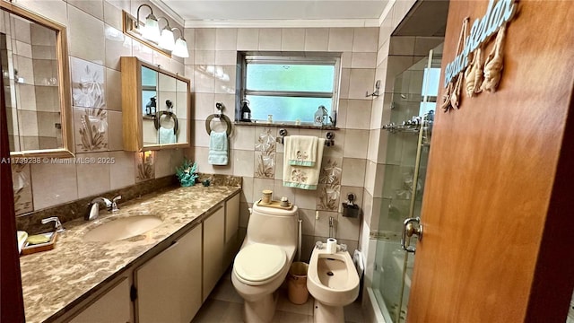 full bath featuring toilet, tile walls, a stall shower, and crown molding