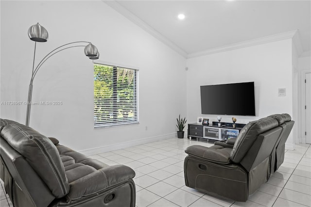 living area with ornamental molding, lofted ceiling, light tile patterned flooring, and baseboards