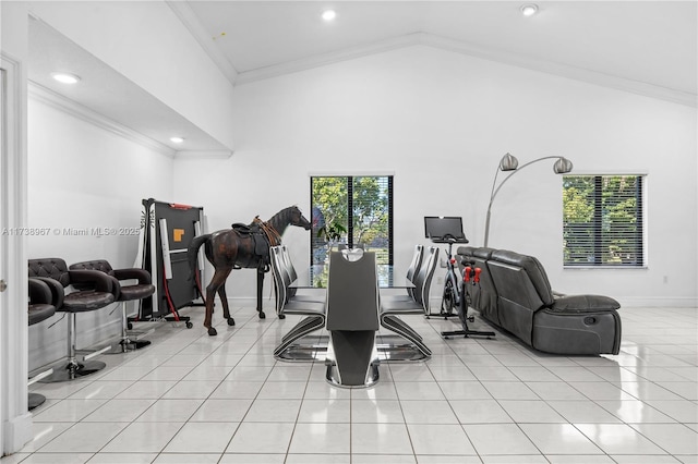 workout room with high vaulted ceiling, light tile patterned flooring, crown molding, and baseboards