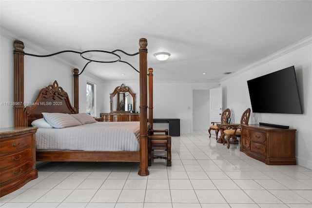 bedroom featuring light tile patterned floors, decorative columns, visible vents, baseboards, and crown molding