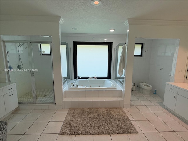 full bathroom featuring a healthy amount of sunlight, tile patterned floors, and vanity