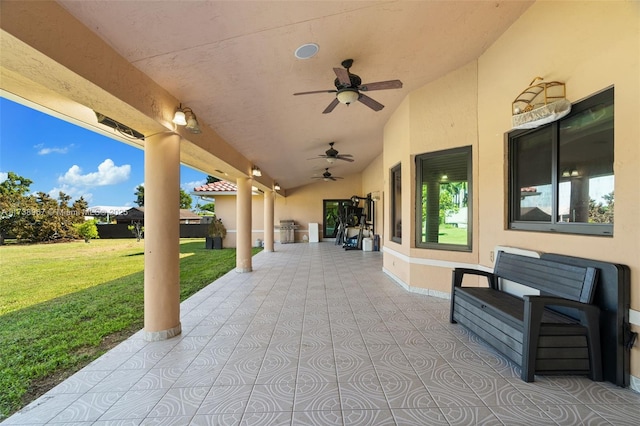 view of patio featuring a grill and ceiling fan