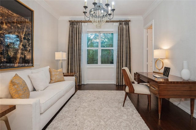 home office with crown molding, dark hardwood / wood-style floors, and a chandelier