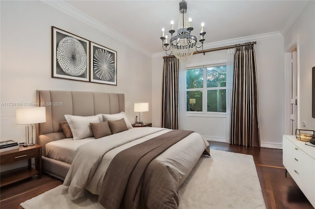 bedroom with crown molding, dark wood-type flooring, and a notable chandelier