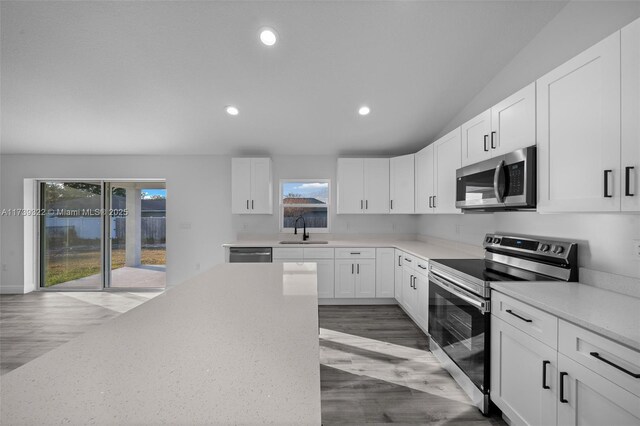 kitchen with white cabinetry, sink, stainless steel appliances, and dark hardwood / wood-style floors