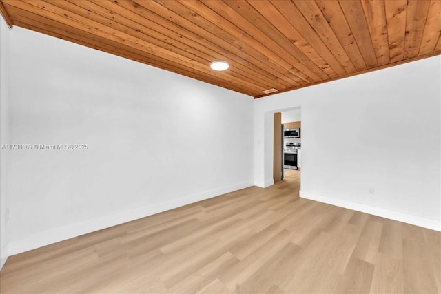 spare room featuring light hardwood / wood-style floors and wooden ceiling