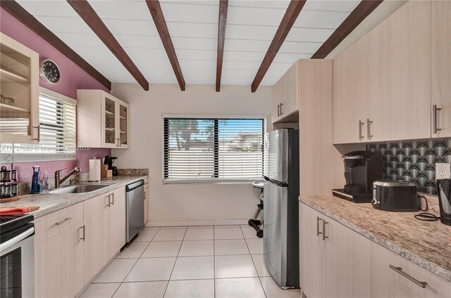 living room with lofted ceiling with beams and ceiling fan