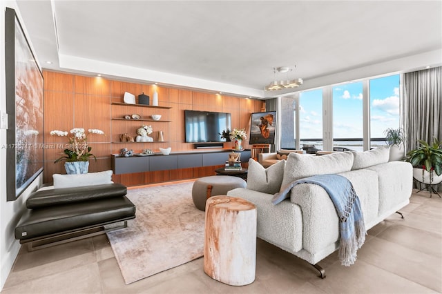 living room featuring wooden walls