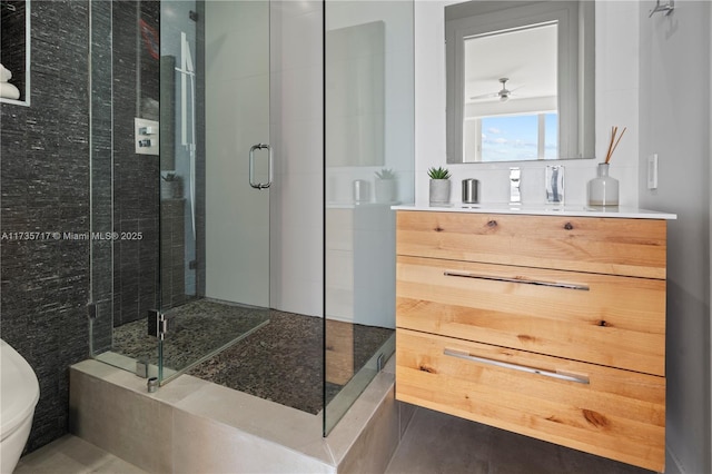 bathroom with vanity and a shower with shower door