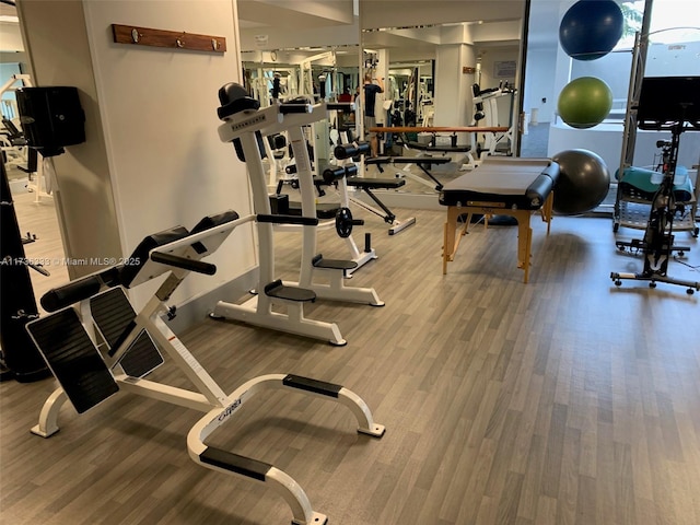 workout area with hardwood / wood-style floors