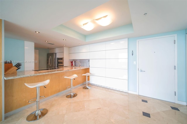 interior space featuring a raised ceiling and backsplash