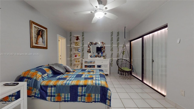 bedroom with light tile patterned floors and ceiling fan