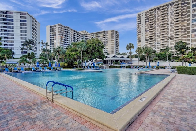 view of swimming pool featuring a patio area