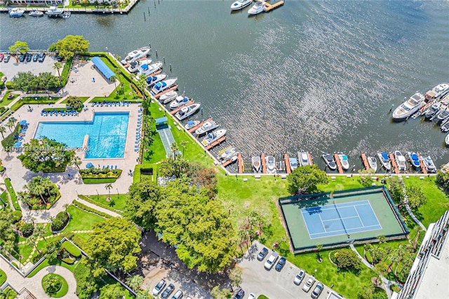 drone / aerial view featuring a water view