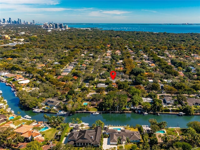 drone / aerial view featuring a water view