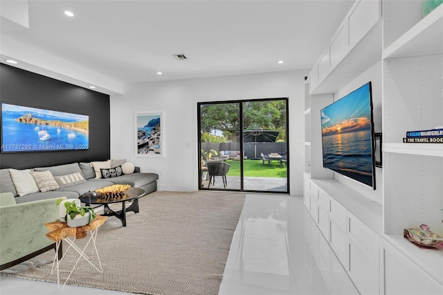 living room featuring light tile patterned floors