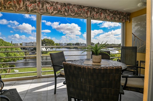 sunroom / solarium featuring a water view