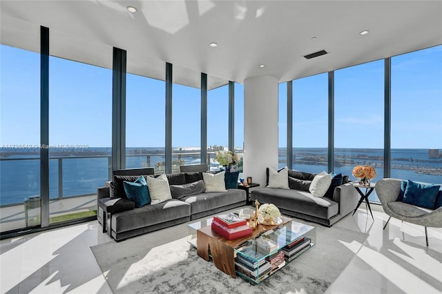 sunroom with a water view