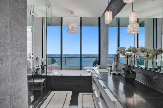 bathroom featuring a water view and a washtub