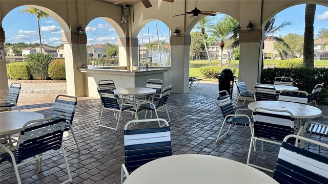 view of patio / terrace with an outdoor bar and ceiling fan