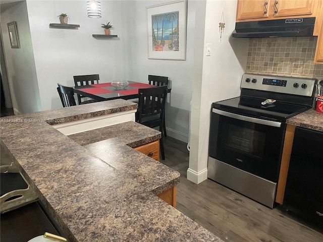 kitchen featuring backsplash, stainless steel range with electric cooktop, and dark hardwood / wood-style floors