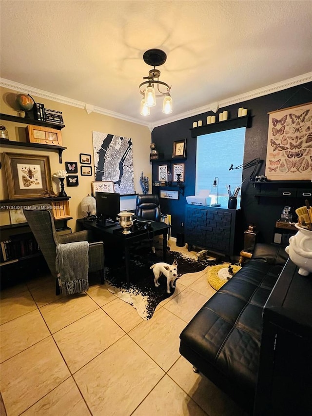 tiled living room featuring ornamental molding and a textured ceiling