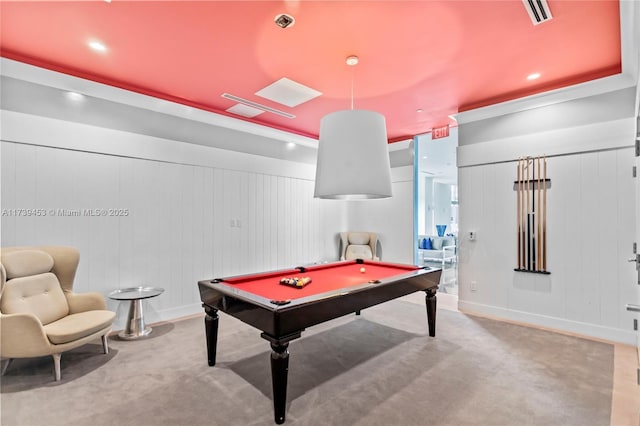 recreation room with light colored carpet and pool table